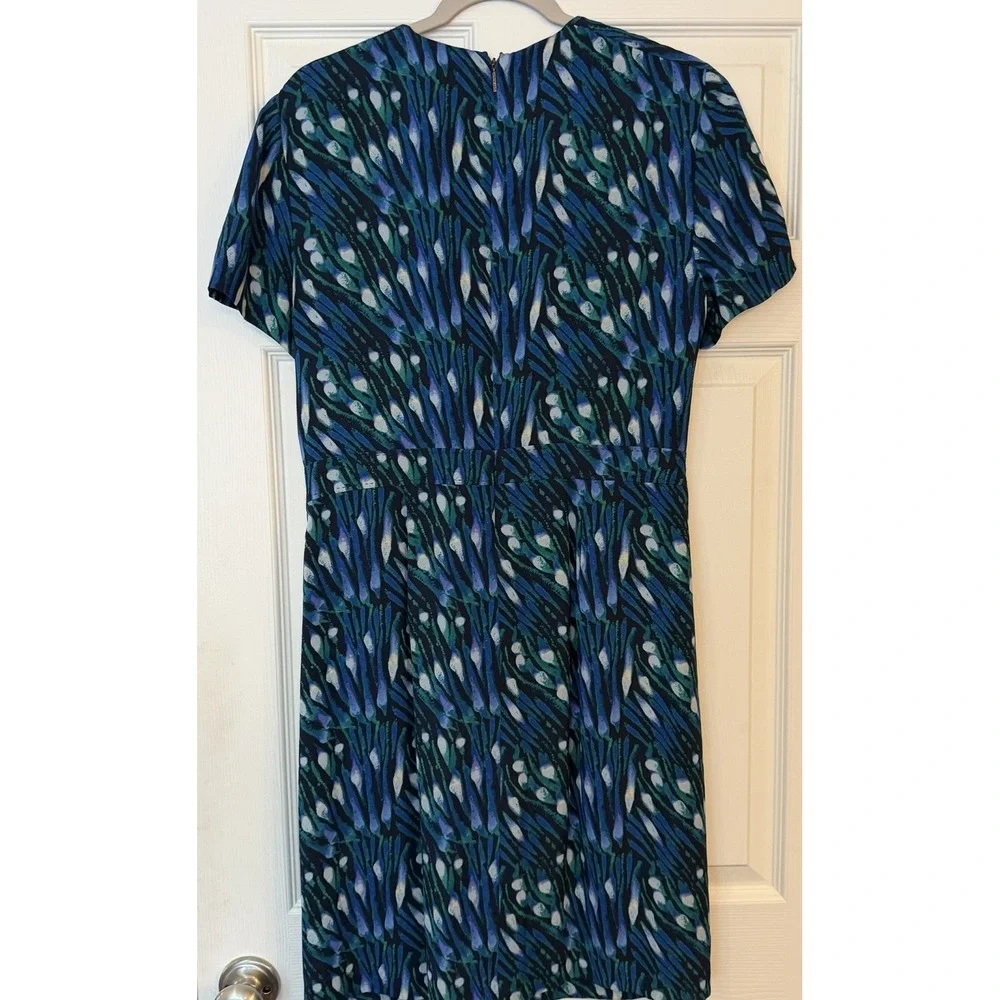 Tory Burch 100% Silk Dress 12 Blue Green Watercolor Knee Length Career Lined EUC
